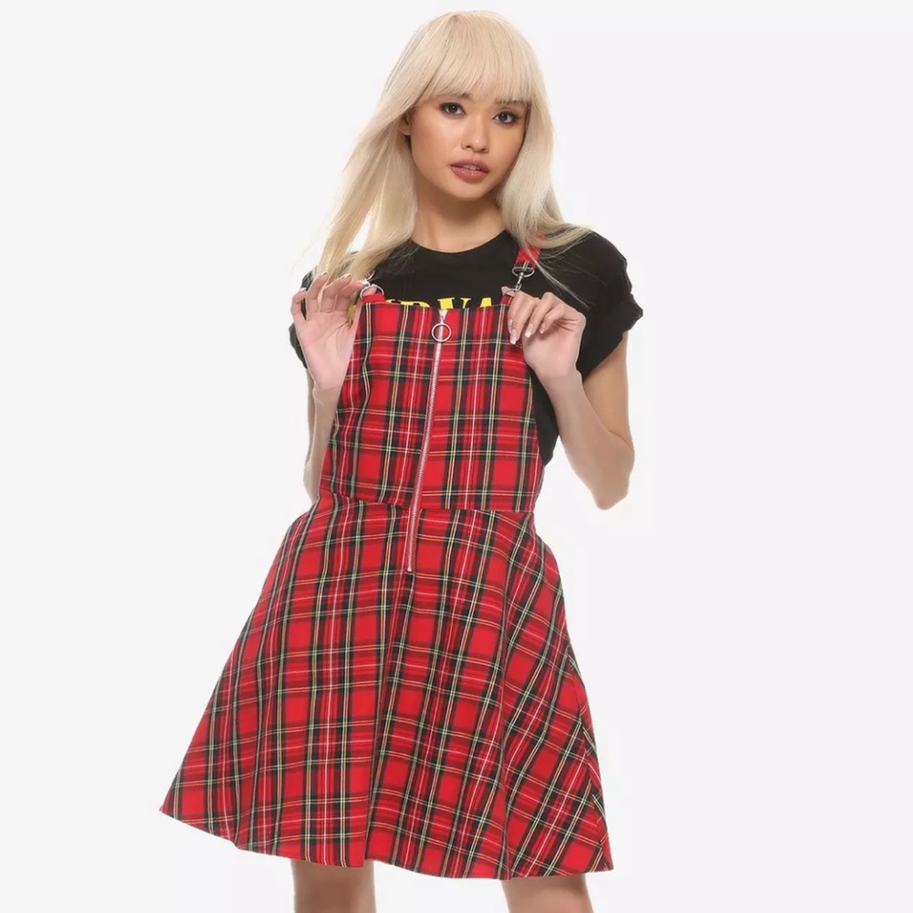 Hot Topic Red/Black Plaid O-Ring Skirtall Overall Zipper Dress - Picture 1 of 16